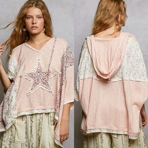 NEW POL Blush Pink Ribbed V Neck Star Patch Hooded Boho Top Size Large